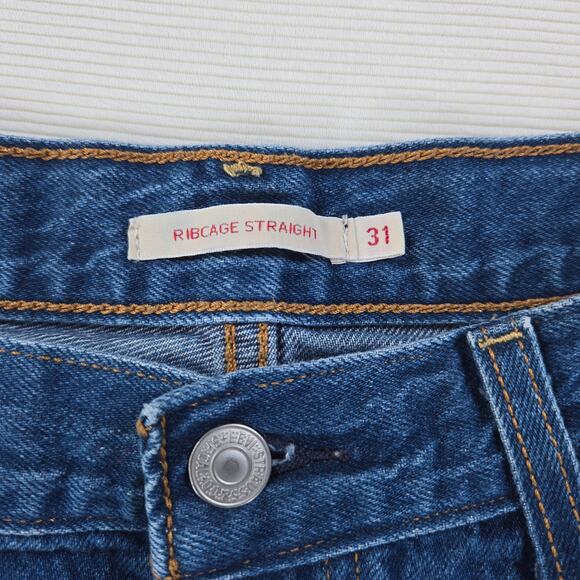 Levi's Premium Ribcage Straight Button Fly Raw Hem Denim Stretch Jeans Size 31 - Picture 2 of 9